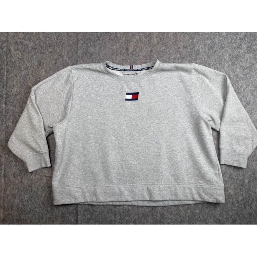 Tommy Hilfiger Cropped‎ Sweatshirt Women's 2X Gray Logo Crewneck Sport Pullover